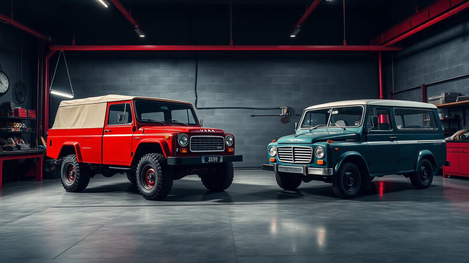 UAZ 469 und Lada Niva Oldtimer in der Werkstatt